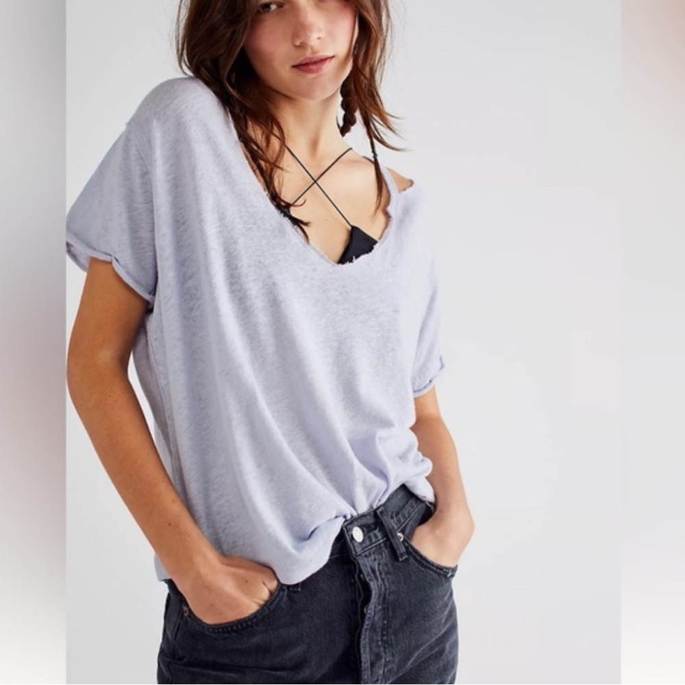 Free People Oversized Over U Tee NEW Medium Blue Moon Linen Blend Grunge Cropped - Picture 1 of 12